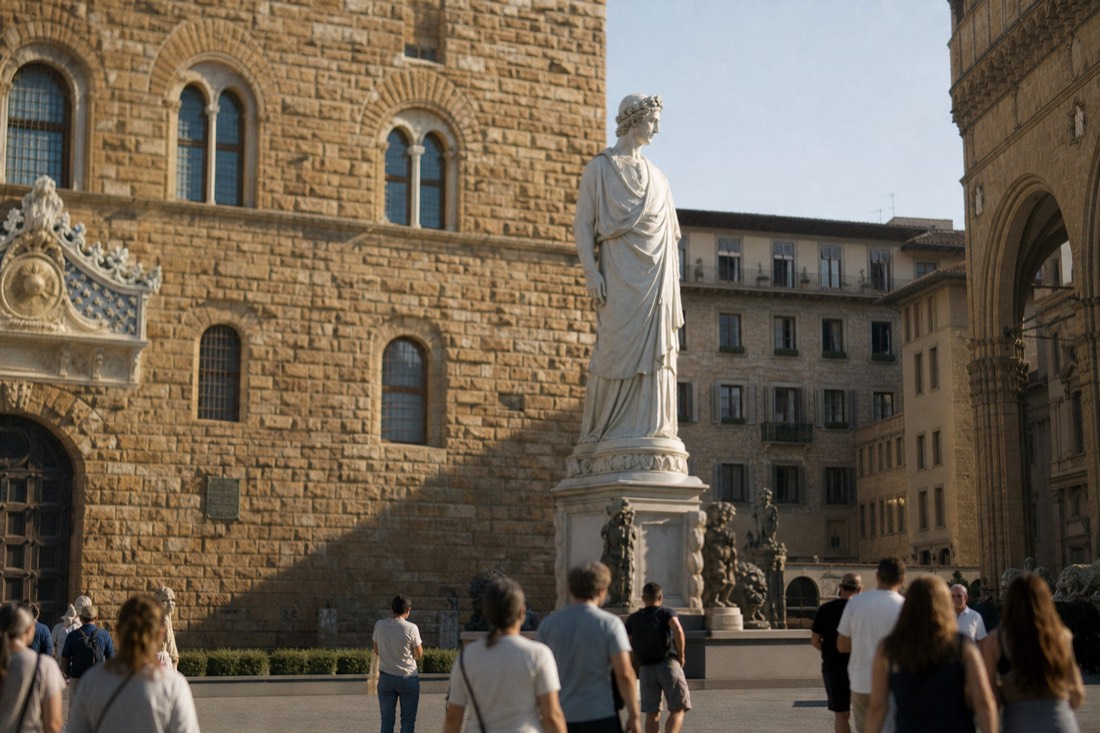 The stone entrance and signage of the Galleria dell'Accademia on Via Ricasoli in Florence with a small morning queue forming