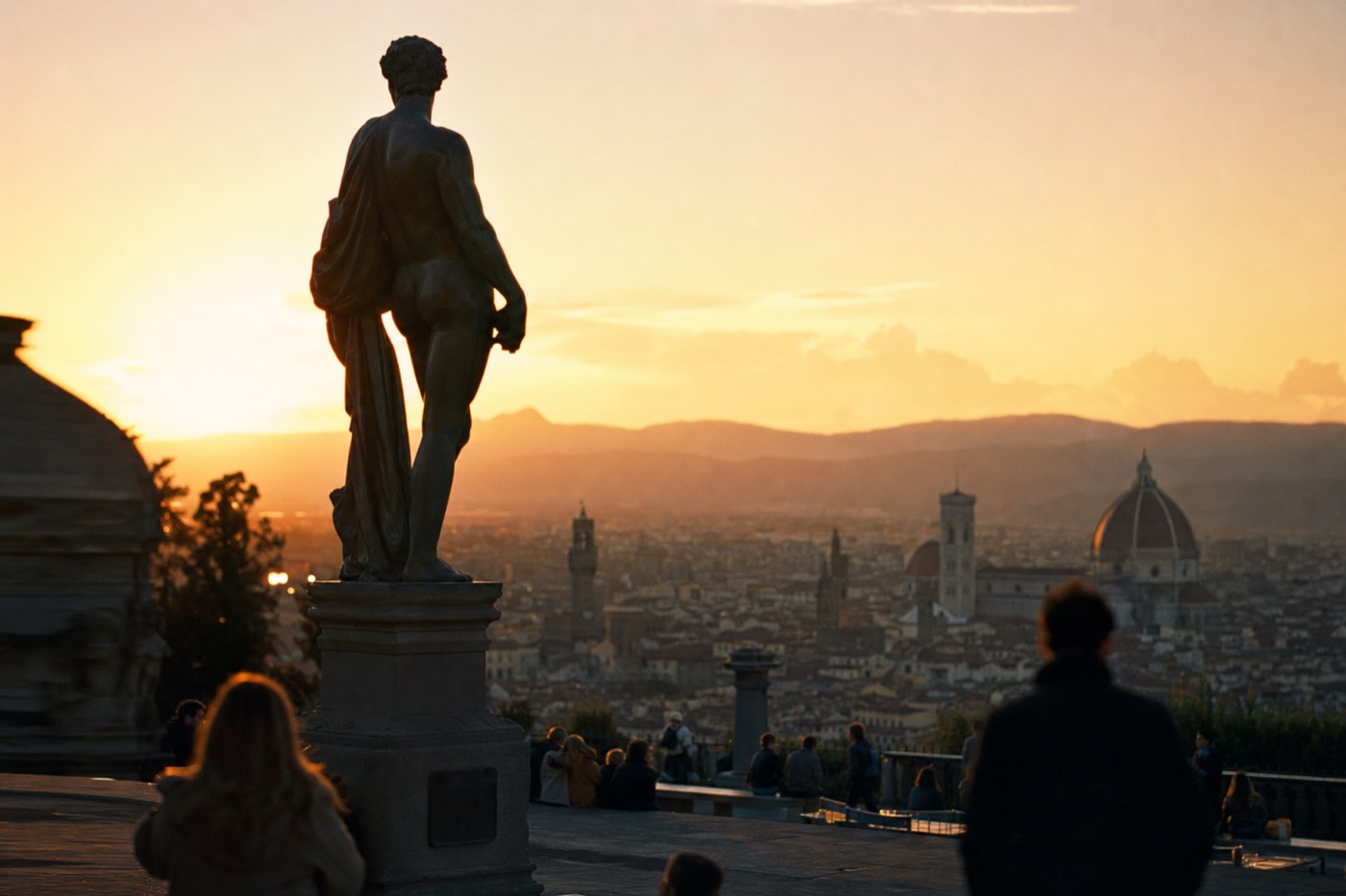 The bronze David silhouetted against a golden Florence sunset at Piazzale Michelangelo above the city rooftops
