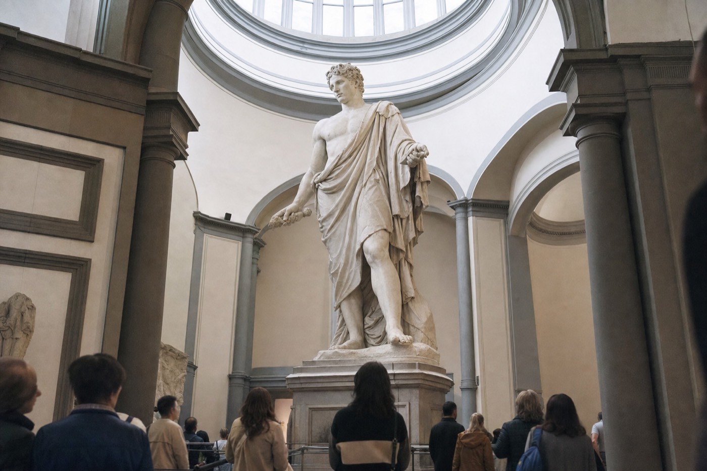 Michelangelo's marble David seen from below under the domed Tribuna skylight of the Accademia Gallery in Florence, dwarfing the visitors at its base