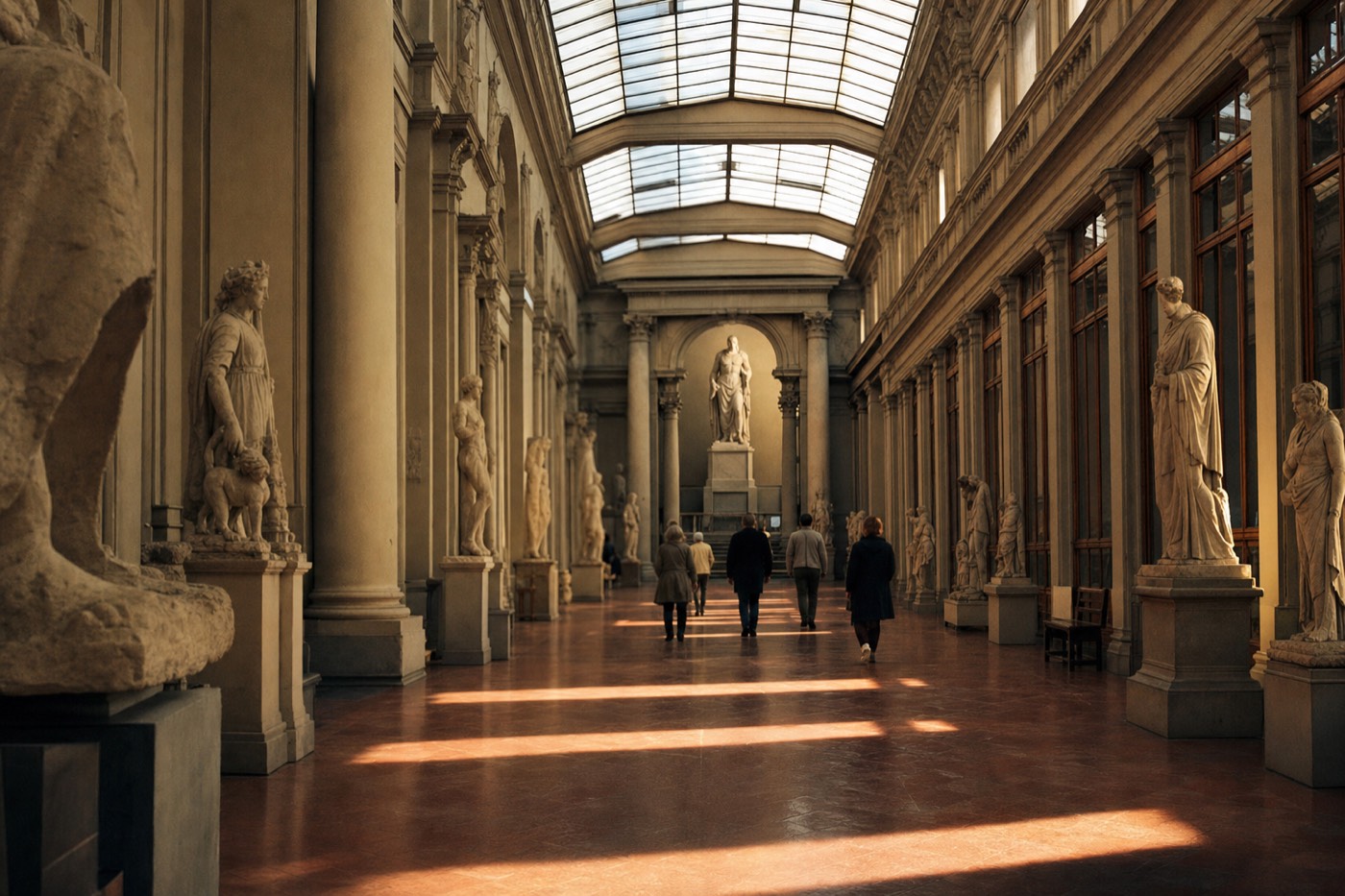 Michelangelo's David seen down the long sculpture corridor of the Accademia Gallery in Florence, lit from the skylight above