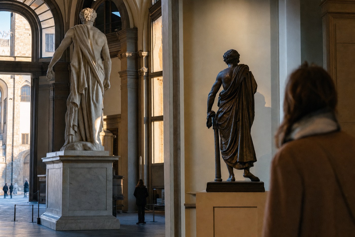 Split view of Michelangelo's towering marble David in the Accademia and Donatello's smaller bronze David, both in Florence museums