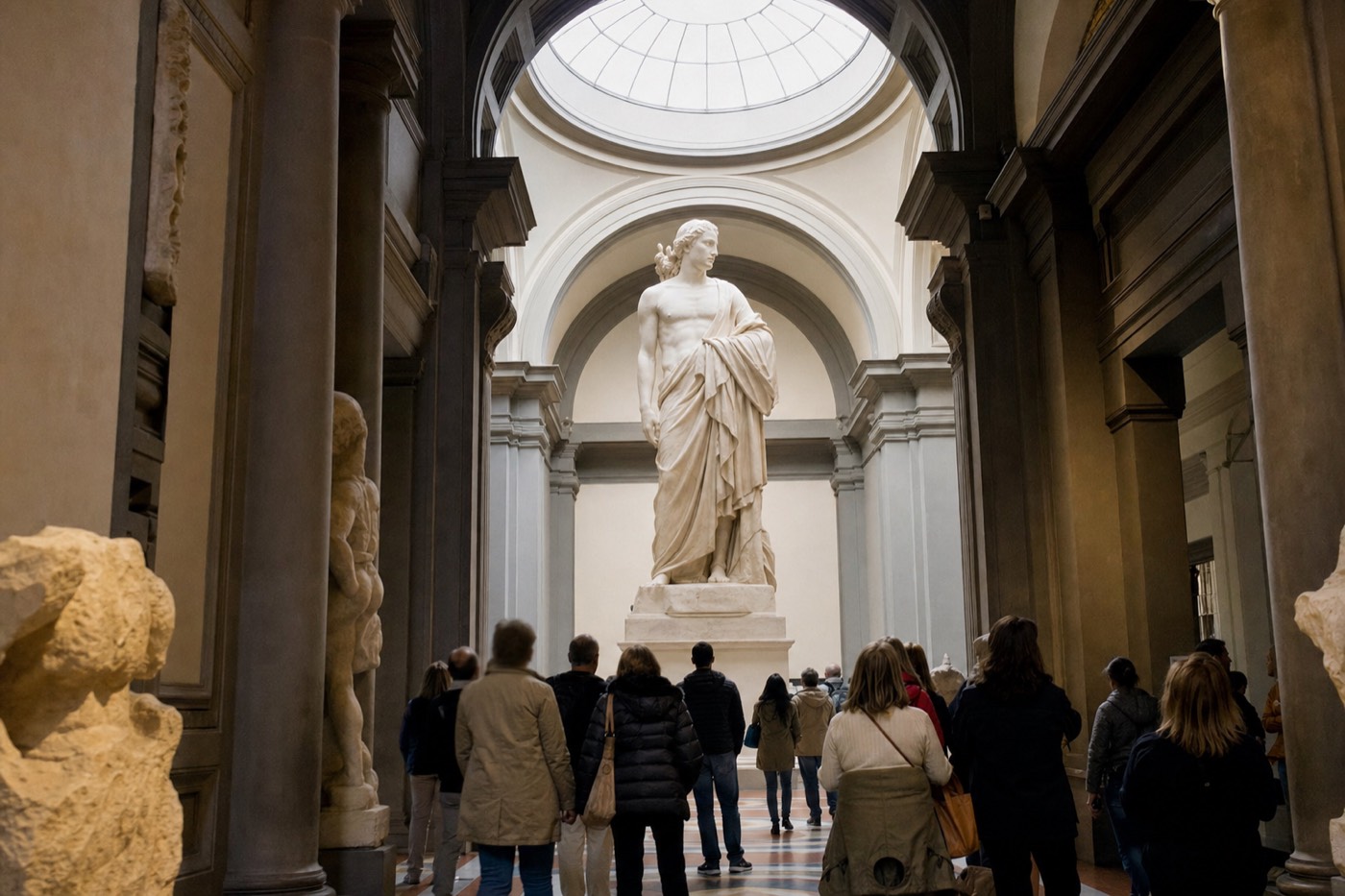 Michelangelo's marble David standing under the domed skylight at the end of the Tribune gallery inside the Accademia in Florence