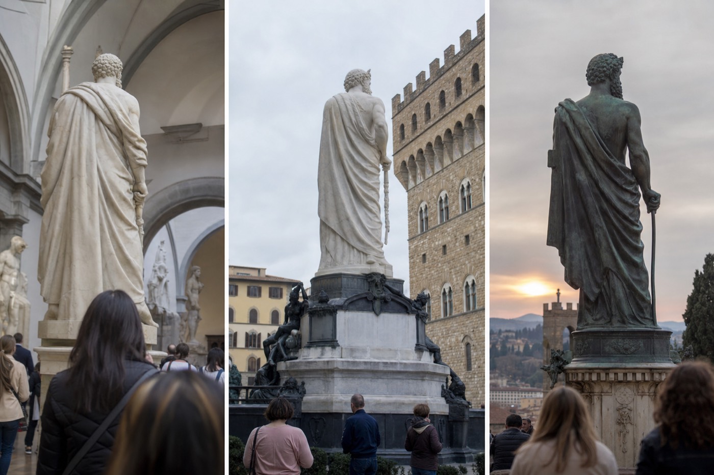 Split view of Florence landmarks: the Accademia interior, the replica David in Piazza della Signoria, and the bronze David at Piazzale Michelangelo at sunset