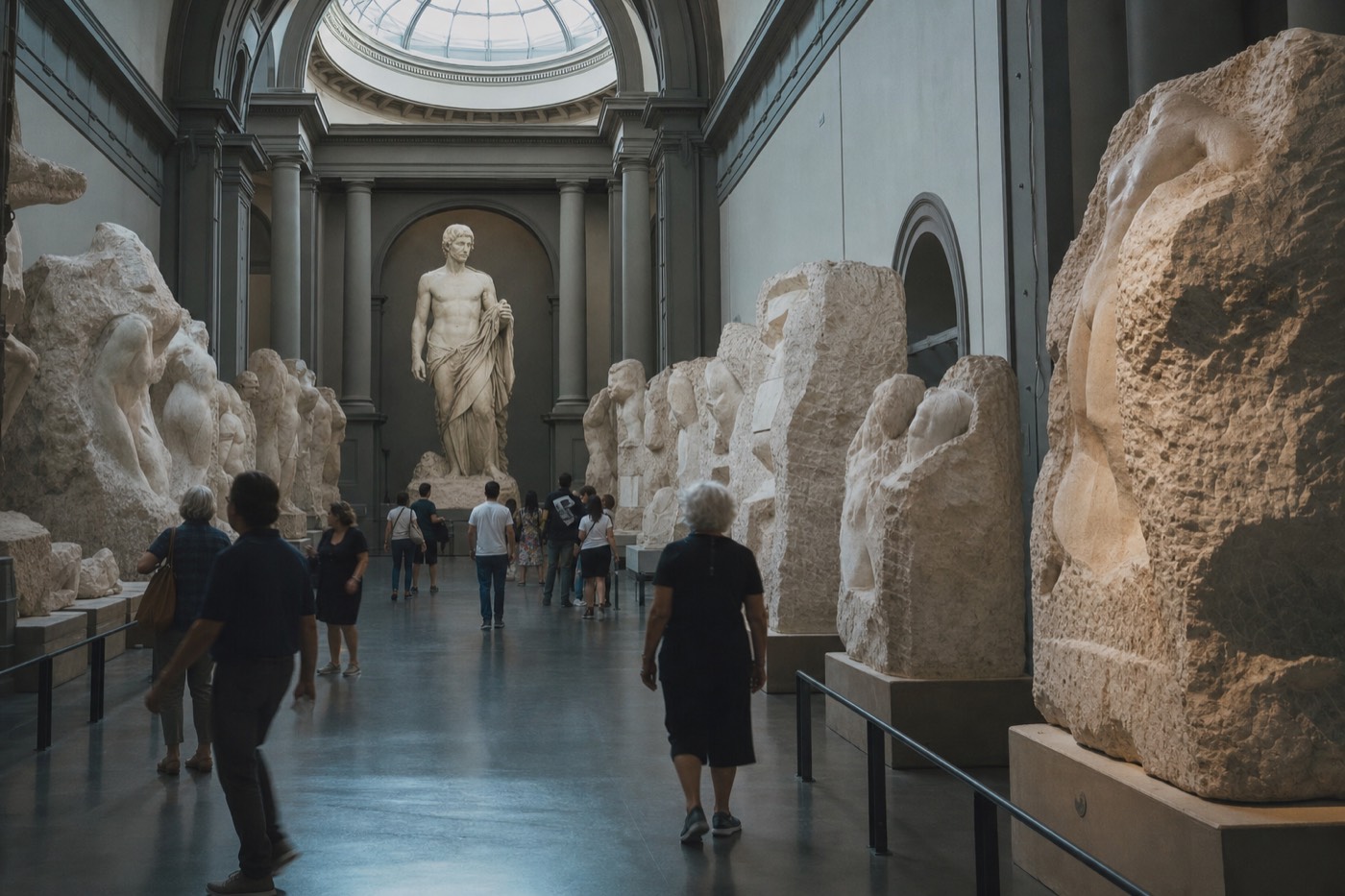 Michelangelo's marble David standing at the end of the long gallery of Prisoners inside the Accademia in Florence, lit from the domed skylight above