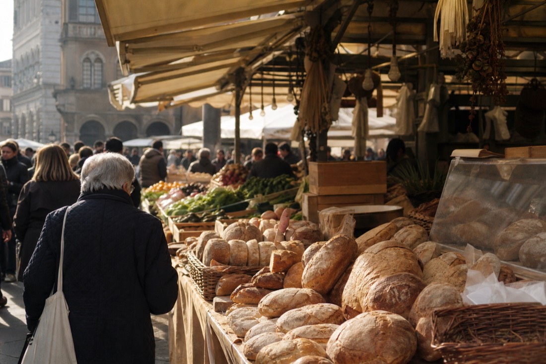 A late-morning market stall of Tuscan bread and produce near the Mercato Centrale in Florence with shoppers browsing